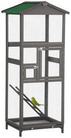 PawHut Colivie pentru Păsări din Lemn și Plasă Metalică cu 2 Uși și Tavă Detașabilă, 68x63x165 cm, Gri Deschis | Aosom Romania