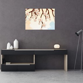 Tablou pe sticlă - Flori colorate pe ramuri (70x50 cm)