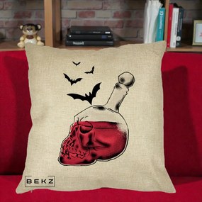 Perna Decorativa Halloween Craniu-Sticla cu Lilieci, 40x40 cm, Crem, Husa Detasabila, Perna Inclusa, BEKZ®