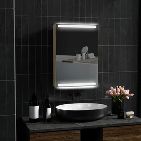 HOMCOM Dulap cu oglindă pentru baie cu lumini LED și rafturi din sticlă reglabile, montat pe perete 50x12,5x70cm, lemn natural | Aosom Romania