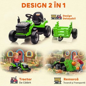AIYAPLAY Tractor Electric 2 în 1 pentru Copii 3-8 Ani 12V cu Remorcă Detașabilă, Mașină Electrică pentru Copii cu Telecomandă, Centură de Siguranță, Muzică, Lumini LED și Claxon, Verde | Aosom Romania