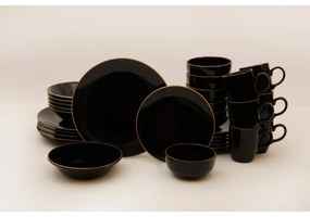 Set de veselă, 30 piese, negru/auriu, din ceramică vitrificată
