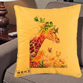 Perna Decorativa Girafa Curcubeu Acuarela, 40x40 cm, Galben, Husa Detasabila, Perna Inclusa, BEKZ®