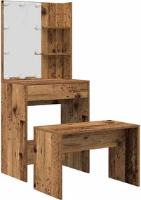 vidaXL Set de măsuță de toaletă cu LED Lemn vechi din lemn lemnos