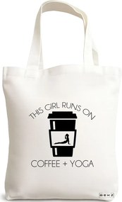 Sacosa de Panza pentru Cumparaturi, Geanta Tote Yoga This Girl runs on coffe and yoga 2, 38x34.5 cm, Alba, BEKZ®
