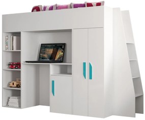 Pat pentru copii combinat 90 cm Puro 15 (alb mat + alb lucios + mânere Turcoaz). 1087099
