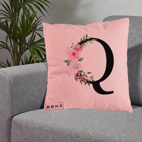 Cadou Personalizat - Perna Personalizata Monograma Florala Litera Q, 40x40 cm, Roz, Husa Detasabila, Perna Inclusa, BEKZ®