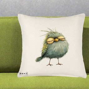 Perna Decorativa Pasare Teal Adormita cu Ochi Galbeni, 40x40 cm, Crem Reliefat, Husa Detasabila, Perna Inclusa, BEKZ®