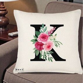 Cadou Personalizat - Perna Personalizata Monograma Florala Litera K, 40x40 cm, Crem Reliefat, Husa Detasabila, Perna Inclusa, BEKZ®