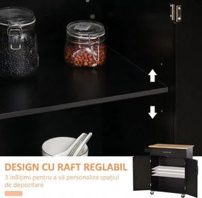 HOMCOM Cărucior de Bucătărie cu Sertar și Dulap cu 2 Uși, Insulă de Bucătărie cu roți și bară laterală, 83x45x91.5 cm, Negru | Aosom Romania