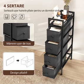 HOMCOM Comodă din Material Textil Slim, Economisire Spațiu, cu 4 Sertare, Cadru Metalic, Negru | Aosom Romania