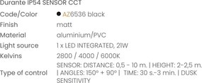 Aplica perete exterior cu senzor de miscare DURANTE IP54 CCT negru