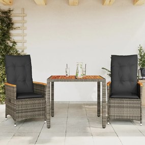 vidaXL Set bistro de grădină cu perne, 3 piese, gri, poliratan