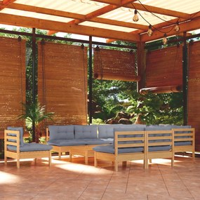 3096760 vidaXL Set mobilier de grădină cu perne, 11 piese, gri, lemn masiv pin