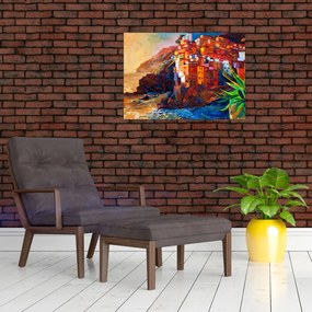 Tablou pe sticlă - Satul de coastă Cinque Terre, Riviera italiană, impresionismul modern (70x50 cm)