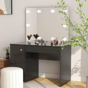 331549 vidaXL Masă de machiaj cu lumini LED, negru lucios, 110x55x145 cm, MDF