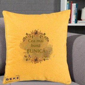 Cadou pentru Bunica - Perna Personalizata Cea Mai Buna Bunica Flori Mov Acuarela Auriu, 40x40 cm, Galben, Husa Detasabila, Perna Inclusa, BEKZ®