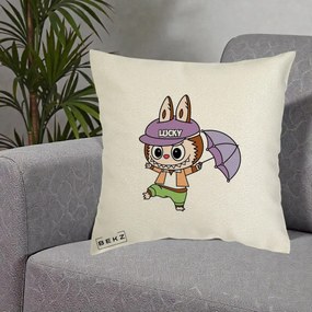 Perna Personalizata Labubu Lucky cu Umbrela, 40x40 cm, Ecru, Husa Detasabila, Perna Inclusa, BEKZ®