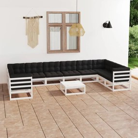 Set mobilier de gradina cu perne,11 piese,alb,lemn masiv de pin Alb, 1, Da