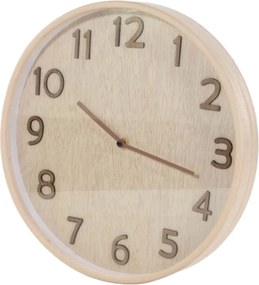 Ceas decorativ de perete, cu aspect de lemn natur și cifre reliefate, design modern