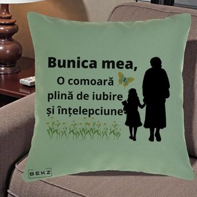 Cadou pentru Bunica - Perna Personalizata Bunica Mea Comoara Iubire Intelepciune Varianta Extinsa, 40x40 cm, Verde, Husa Detasabila, Perna Inclusa, BEKZ®