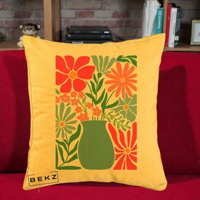 Perna Decorativa Flori in Vaza Turcoaz, 40x40 cm, Galben, Husa Detasabila, Perna Inclusa, BEKZ®