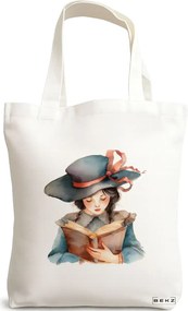 Sacosa de Panza pentru Cumparaturi, Geanta Tote, model The bookie girl 39 38 x 34.5 cm, Alba, BEKZ®