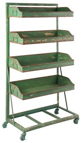 Etajeră vintage din metal cu 4 rafturi, verde antichizat, pe roți, „Greenhouse Charm”