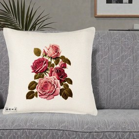 Perna Decorativa Trandafiri Vintage Roz-Rosii, 40x40 cm, Crem Reliefat, Husa Detasabila, Perna Inclusa, BEKZ®
