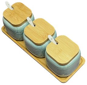 Set 3 recipiente din ceramica, capace si tava din Bambus, 30x10x11 cm