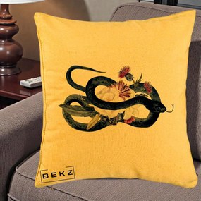 Perna Decorativa Sarpe Negru cu Flori Gothic, 40x40 cm, Galben, Husa Detasabila, Perna Inclusa, BEKZ®
