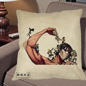 Perna Personalizata Attack on Titan Eren Titan Grup, 40x40 cm, Crem, Husa Detasabila, Perna Inclusa, BEKZ®