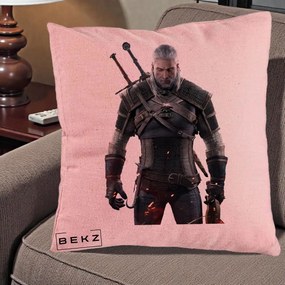 Perna Personalizata The Witcher Geralt of Rivia Portret, 40x40 cm, Roz, Husa Detasabila, Perna Inclusa, BEKZ®
