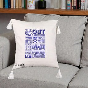 Perna Decorativa Citate Creativitate Albastru, 40x40 cm, Bej cu Franjuri, Husa Detasabila, Perna Inclusa, BEKZ®