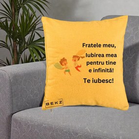 Cadou pentru Frate - Perna Personalizata Fratele Meu Te Iubesc Copii Batalie Perne, 40x40 cm, Galben, Husa Detasabila, Perna Inclusa, BEKZ®