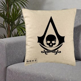 Perna Personalizata Assassin's Creed Black Flag Skull, 40x40 cm, Bej, Husa Detasabila, Perna Inclusa, BEKZ®