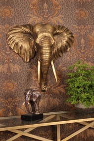 Cap de elefant decorativ de perete din polirășină, auriu, cu fildeși și urechi desfăcute, finisaj antichizat, 61 x 62,5 x 20 cm, „Mysore”