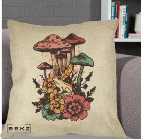 Perna Decorativa Ciuperci si Broaste Boho, 40x40 cm, Crem, Husa Detasabila, Perna Inclusa, BEKZ®