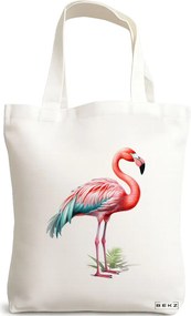 Sacosa de Panza pentru Cumparaturi, Geanta Tote, model Flamingo 2 38 x 34.5 cm, Alba, BEKZ®