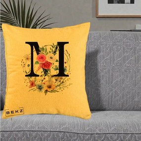 Cadou Personalizat - Perna Personalizata Monogram Litera M cu Flori Acuarela, 40x40 cm, Galben, Husa Detasabila, Perna Inclusa, BEKZ®