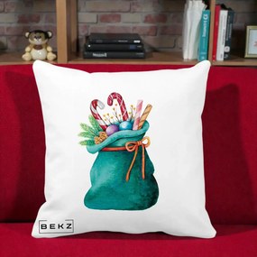 Perna Decorativa Saculet Cadouri Mos Craciun Acuarela Verde, 40x40 cm, Alba Mata, Husa Detasabila, Perna Inclusa, BEKZ®