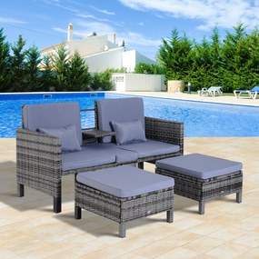 Outsunny Set Mobilier de Grădină, Scaun de Grup, 3 Piese, Canapea de Exterior, 2 Taburete, 2-5 Persoane, Perne de șezut, Ratan, gri | Aosom Romania