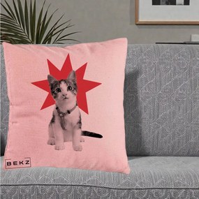 Perna Decorativa Pisica Star Pop Art, 40x40 cm, Roz, Husa Detasabila, Perna Inclusa, BEKZ®
