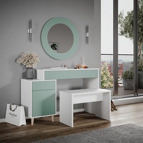 SEV201 - Set Masa alba toaleta 120 cm cosmetica machiaj, oglinda, masuta vanity, Alb-Verde