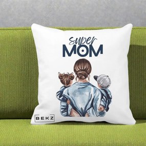 Cadou pentru Mama - Perna Personalizata Super Mom, 40x40 cm, Alba Mata, Husa Detasabila, Perna Inclusa, BEKZ®