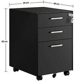 Corp mobil pentru birou / rollbox cu 3 sertare, 48 x 39 x 60 cm, metal, negru, Songmics