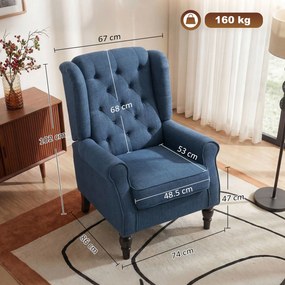 HOMCOM Scaun Decorativ Capitonat cu Spatar Inalt, Cotiere Rotunjite Captusite și Sezut cu Captuseala Groasa, Albastru | Aosom Romania