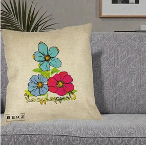 Perna Decorativa Trei Flori Grafice Pop Art, 40x40 cm, Crem, Husa Detasabila, Perna Inclusa, BEKZ®