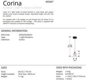 Pendul LED design modern Corina negru/ cupru