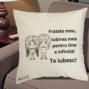 Cadou pentru Frate - Perna Personalizata Fratele Meu Te Iubesc Copii Anime Line Art Negru, 40x40 cm, Ecru, Husa Detasabila, Perna Inclusa, BEKZ®